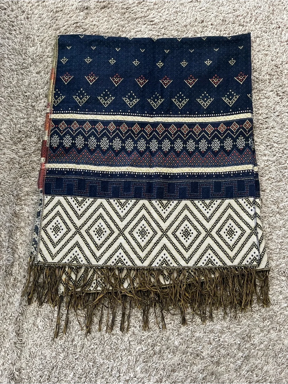Lovestitch Navy Blue & White Aztec Knit Fringe Poncho Scarf Women's O/S